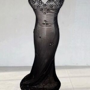 Vintage Y2K Nik Nik Black Beaded Mermaid Prom Gown Size 4